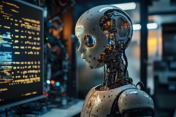 Poster - Humanoid robot standing next to a computer screen displaying code in a tech lab