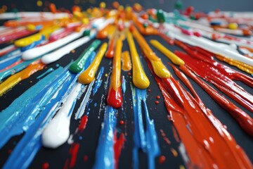 Poster - Dynamic exploration of colorful paint splashes artist studio art composition creative environment close-up perspective abstract art concepts