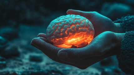 Poster - A shines a glowing light bulb with a brain symbolizing creativity and innovation against a blurred background, achieving a modern aesthetic