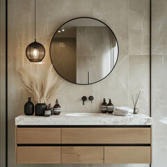 Poster - Elegant bathroom design with round mirror, marble countertop, and modern decor