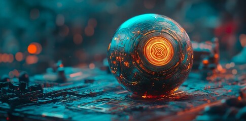 Poster - A comprehensive observation of a futuristic orb showcasing a galaxy's reflection, overlaid with intricate circuits that seamlessly integrate technology and cosmic splendor