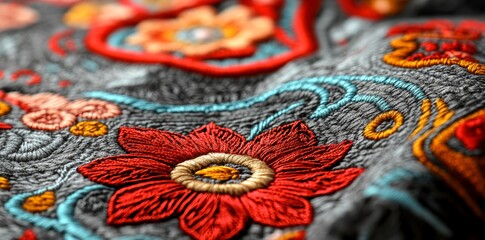 Aufkleber - a high-resolution close-up of embroidered fabric with elaborate patterns and rich textures, excellen