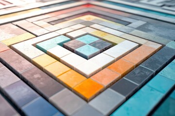 Poster - Dynamic geometric pattern of concentric squares in vivid colors modern design project digital art studio environment close-up perspective visual depth creation