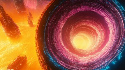 Aufkleber - Futuristic Abstract Digital Vortex with Neon Glow in Surreal Landscape Setting : Generative AI