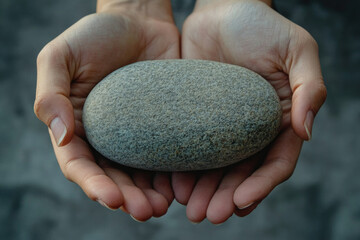 Poster - Two hands gently cradling a smooth, grey river stone, symbolizing serenity and nature's simplicity.