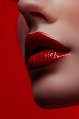 Wall Mural - Close up of perfect red lips with lip gloss, highlighting the beauty and cosmetics concept