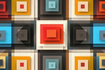 Poster - Dynamic geometric design featuring concentric squares in bold colors modern graphic art indoor space abstract perspective visual depth for contemporary interiors