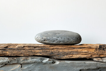 Poster - Smooth grey stone rests on weathered wood, atop layered stone; minimalist nature scene.