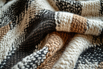 Aufkleber - Close-up of a cozy, chunky knit blanket in cream, brown, and black stripes.