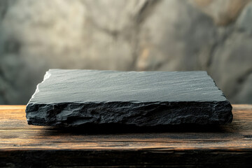 Poster - A rustic, dark slate slab rests on a weathered wooden surface against a blurred stone background, offering a minimalist display.