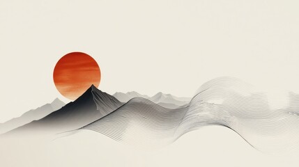 Poster - Elegant minimalist line art mountains at sunset graphic design sophisticated aesthetic subtle gradients tranquil environment