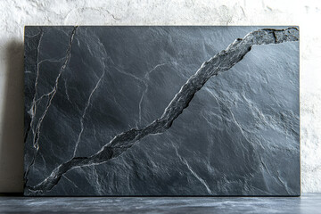 Poster - Dark grey slate slab with a prominent crack, showcasing its natural texture and veining.