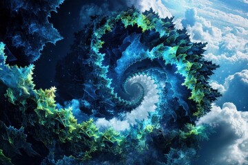 Poster - Dynamic abstract fractal patterns in shades of blue and green digital art exploring depth and gigapixel precision