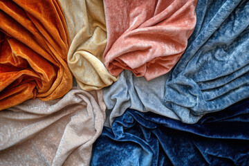 Aufkleber - A collection of velvet fabrics in various colors, showcasing their texture and draping.