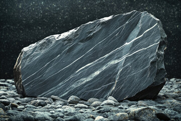 Poster - Large dark gray rock with white veins rests on a bed of smaller stones.