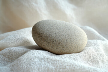 Poster - A smooth, light gray stone rests gently on a textured white fabric, creating a serene and minimalist image.