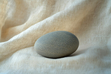 Poster - A smooth, grey stone rests gently on a soft, beige linen fabric.