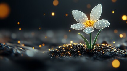 Poster - Glowing White Flower on Dark Ground with Sparkling Particles : Generative AI