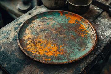 Poster - A rusty, antique metal plate with a patina of orange and green hues rests on a weathered wooden surface.