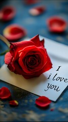 Poster - Vibrant Red Rose and I Love You Message Set Against a Dynamic Blue Background : Generative AI