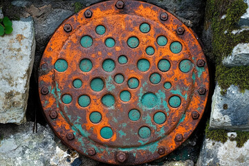 Poster - Rusty metal plate with teal circles embedded in stone wall.  A weathered, textured surface.