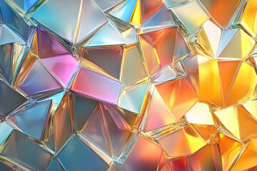 Poster - Abstract image of iridescent, fragmented geometric shapes creating a vibrant, colorful, and reflective surface.