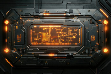 Aufkleber - Futuristic technological interface with glowing orange circuits and dark metallic casing.