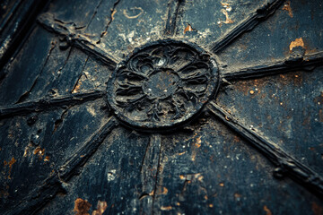 Poster - Close-up of an ornate, weathered metal surface with a central floral design, showing age and texture.