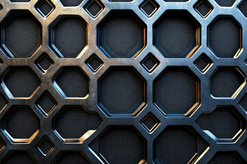 Poster - abstract metallic background with a repeating pattern of octagons and squares, creating a textured a