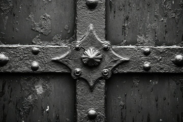 Poster - Close-up of an ornate, dark metal gate with decorative elements and rivets.