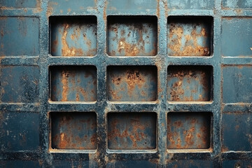 Poster - Rusty metal grid with nine square openings showing aged texture and surface corrosion.