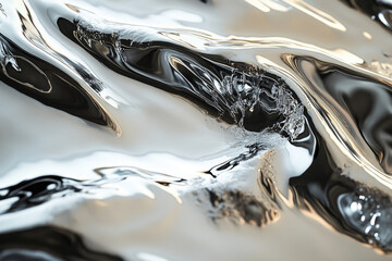 Poster - Abstract image of flowing, reflective liquid metal with shimmering highlights and shadows.