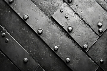 Poster - Black metal plates diagonally arranged, fastened with bolts; industrial, grunge texture.