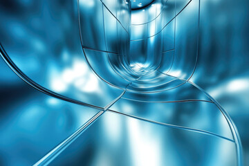 Leinwandbilder - Abstract blue metallic tunnel, futuristic design, sleek curves, reflective surface, modern architecture.