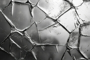 Poster - Abstract monochrome image of cracked metallic surface resembling dry earth or broken ice.
