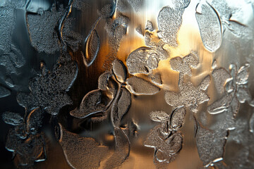 Aufkleber - Embossed metallic surface with floral pattern, reflecting warm light.