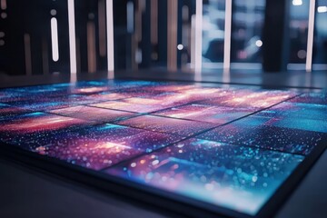 Poster - Immersive virtual reality experience featuring futuristic interface with vibrant gradients in a high-tech environment