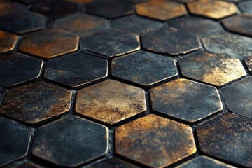 Poster - Abstract hexagonal pattern with dark and gold metallic texture.  Industrial, grunge style.