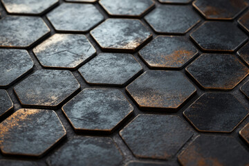 Poster - dark metallic hexagonal tiles arranged in a honeycomb pattern, showing texture and depth.
