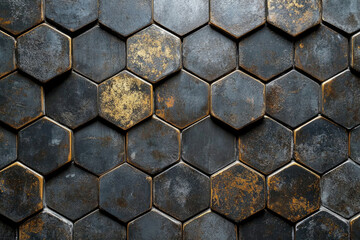 Poster - Dark metallic hexagonal tiles with gold accents create a textured, geometric pattern.