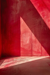 Aufkleber - Sunlight is casting geometric shadows on the red wall of an empty room