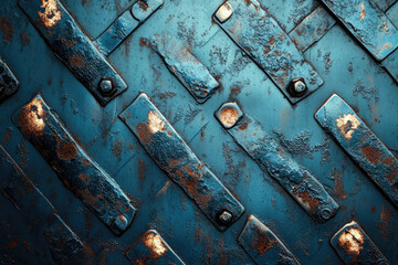 Poster - Rustic, diagonal metal plates with rust and bolts, dark teal color.