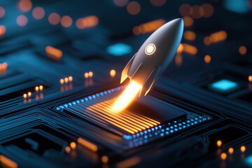 Poster - Rocket launching from a circuit board in a futuristic technology environment