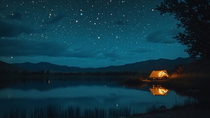  A tranquil night scene of a glowing tent by a reflective lake under a starry sky and mountains