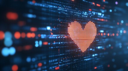 digital love heart symbol glowing red with blue data points and lights in the background