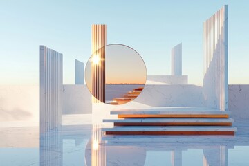 Poster - Elegant minimalist architectural design featuring geometric shapes and textured backgrounds at sunset gigapixel image quality aesthetic serenity