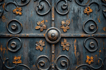 Poster - Rustic iron gate with ornate floral design and weathered texture.