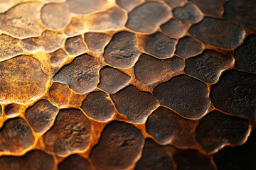 Poster - Close-up of a textured bronze surface with a honeycomb-like pattern, showcasing rich, warm tones and intricate details.