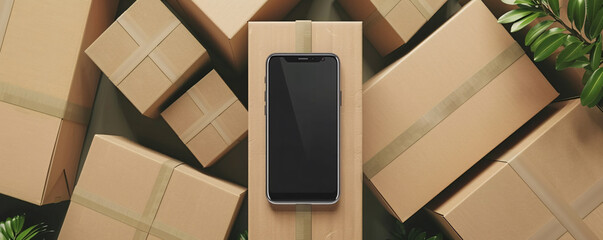 Poster - Smartphone with a blank screen is lying on a cardboard parcel box, surrounded by delivery packages, in a concept image related to online shopping and e-commerce