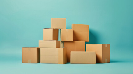 Aufkleber - Stacked pyramid of cardboard boxes on turquoise background, conveying ideas of moving, storage, or delivery